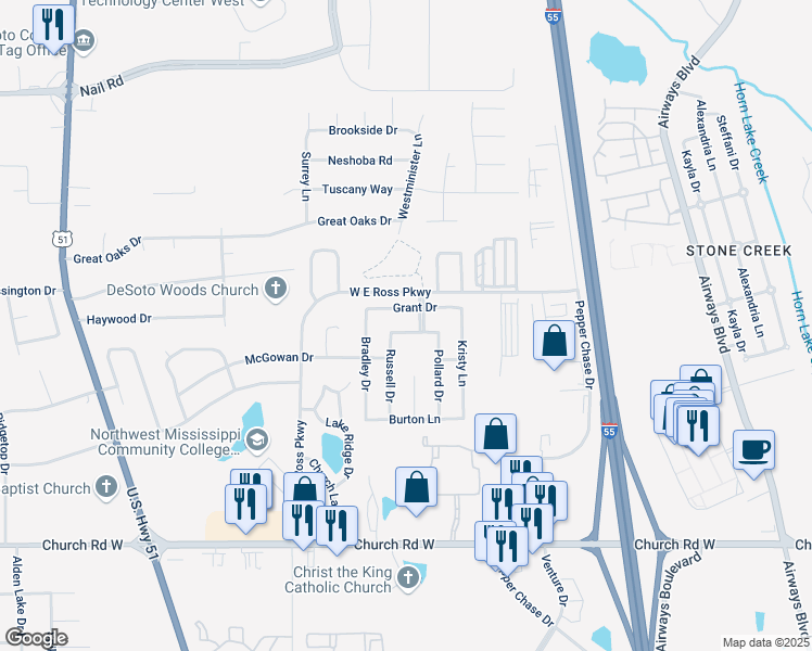 map of restaurants, bars, coffee shops, grocery stores, and more near 754 Steward Lane in Southaven
