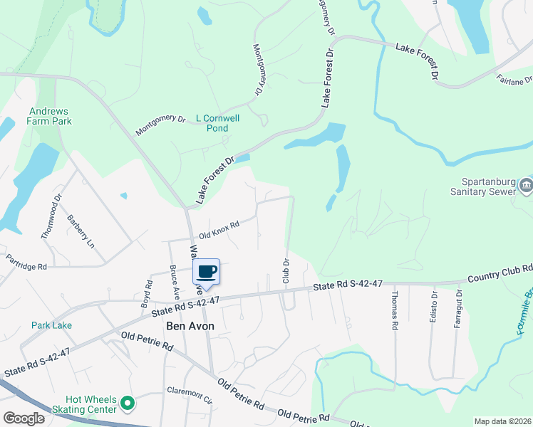 map of restaurants, bars, coffee shops, grocery stores, and more near 2600 Club Drive in Spartanburg