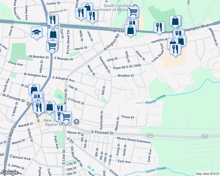 map of restaurants, bars, coffee shops, grocery stores, and more near 101 Prince Circle in Greer