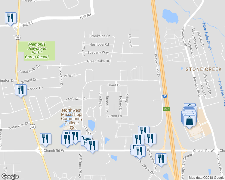 map of restaurants, bars, coffee shops, grocery stores, and more near 746 Steward Lane in Southaven