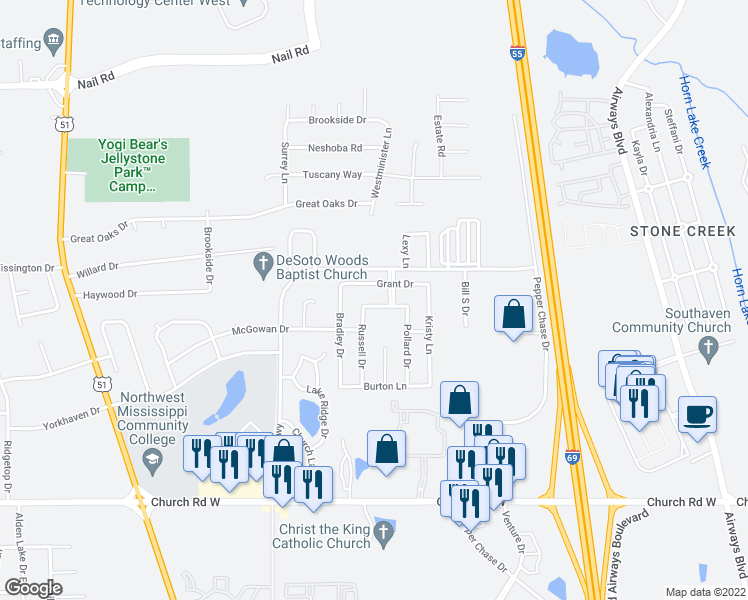 map of restaurants, bars, coffee shops, grocery stores, and more near 760 Steward Lane in Southaven