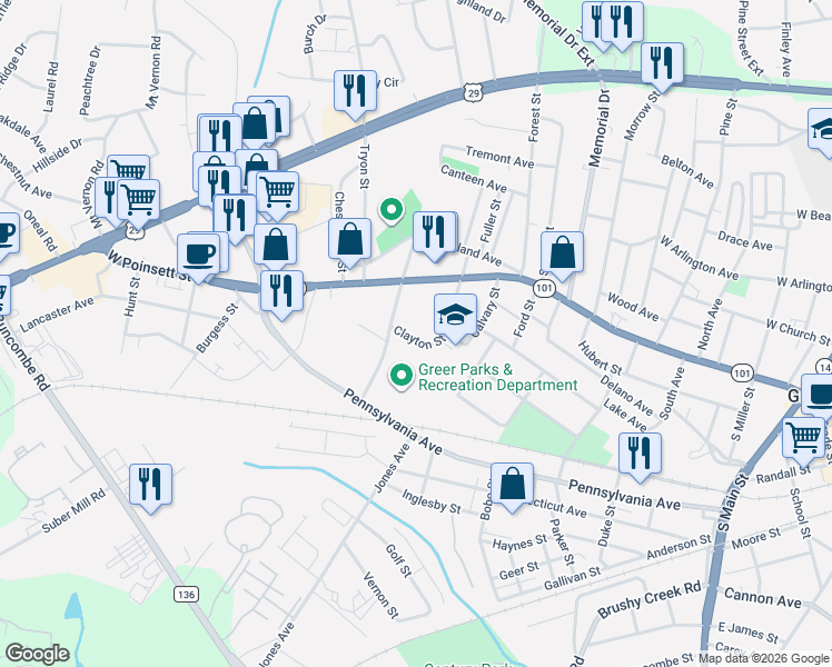 map of restaurants, bars, coffee shops, grocery stores, and more near 107 Clayton Street in Greer