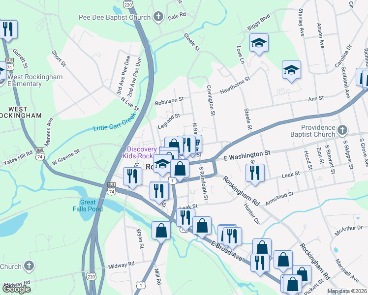 map of restaurants, bars, coffee shops, grocery stores, and more near 210 Everette Street in Rockingham
