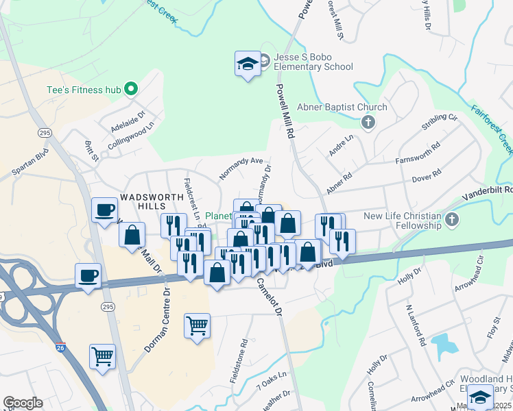 map of restaurants, bars, coffee shops, grocery stores, and more near 1446 Normandy Drive in Spartanburg