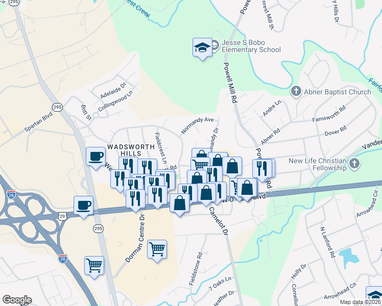 map of restaurants, bars, coffee shops, grocery stores, and more near 1462 Dover Road in Spartanburg
