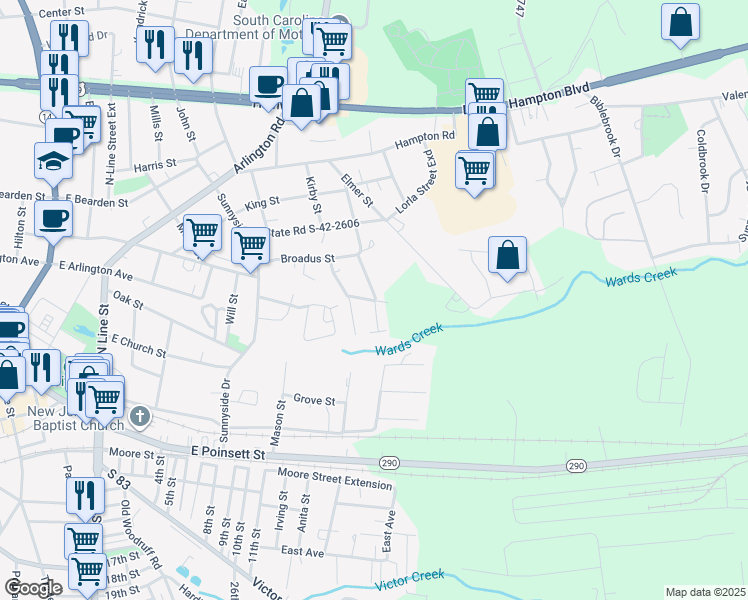 map of restaurants, bars, coffee shops, grocery stores, and more near 313 Morgan Street in Greer