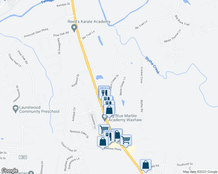 map of restaurants, bars, coffee shops, grocery stores, and more near 2013 Trace Creek Drive in Waxhaw