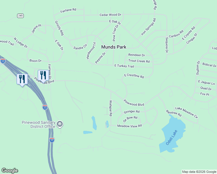 map of restaurants, bars, coffee shops, grocery stores, and more near 480 Pinewood Boulevard in Munds Park