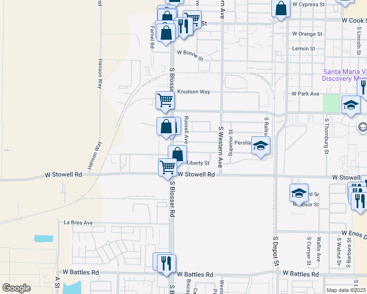 map of restaurants, bars, coffee shops, grocery stores, and more near 1100 Pershing Street in Santa Maria