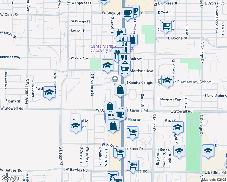 map of restaurants, bars, coffee shops, grocery stores, and more near 125 Pershing Street in Santa Maria