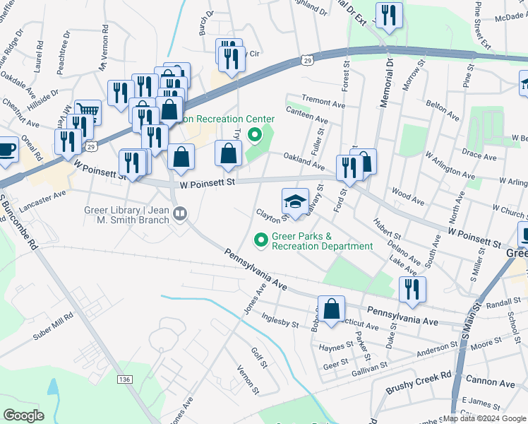 map of restaurants, bars, coffee shops, grocery stores, and more near 101 Clayton Street in Greer