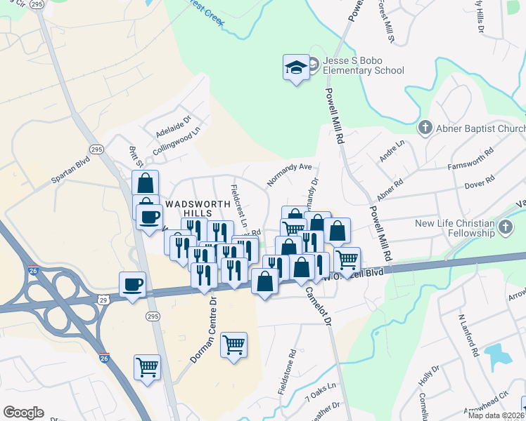map of restaurants, bars, coffee shops, grocery stores, and more near 207 Saint Matthews Lane in Spartanburg