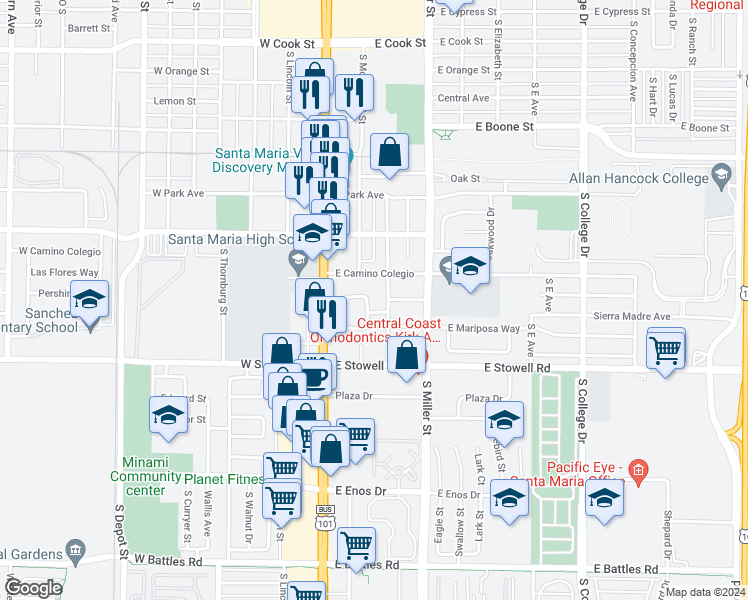 map of restaurants, bars, coffee shops, grocery stores, and more near 157 Palm Court Drive in Santa Maria