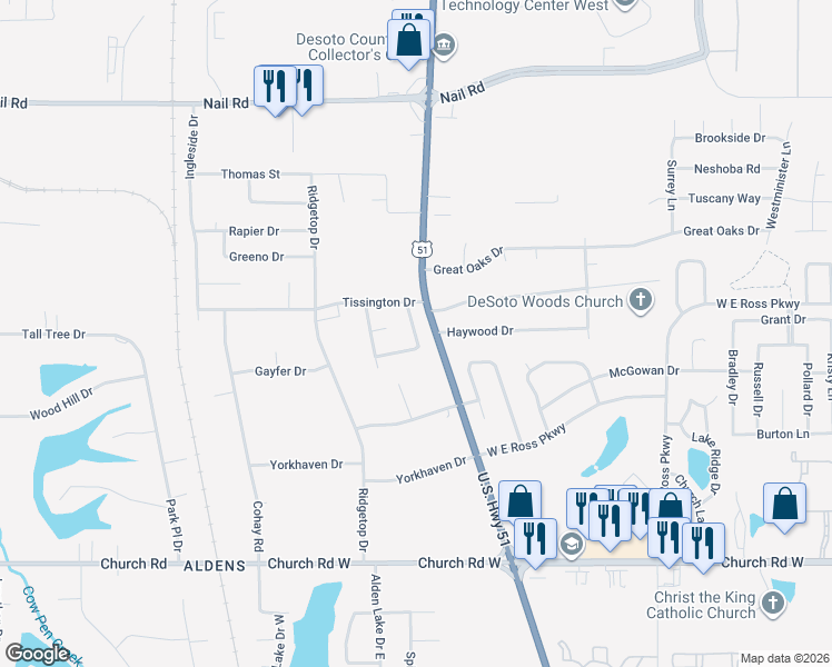 map of restaurants, bars, coffee shops, grocery stores, and more near 5495 Farnell Drive in Horn Lake