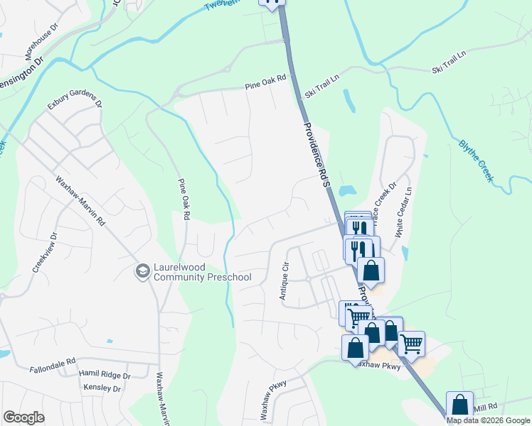 map of restaurants, bars, coffee shops, grocery stores, and more near 8002 Kingston Drive in Waxhaw