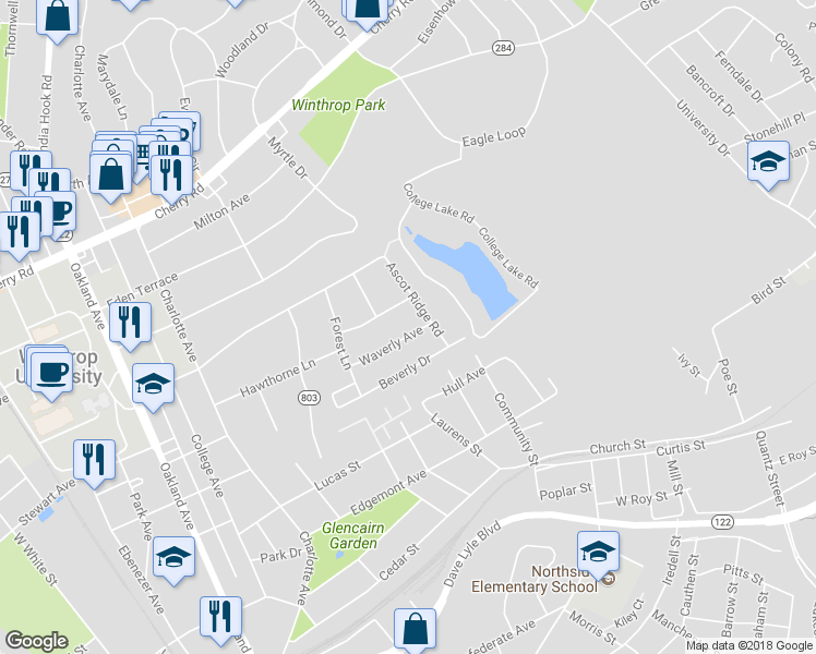 map of restaurants, bars, coffee shops, grocery stores, and more near 965 Waverly Avenue in Rock Hill
