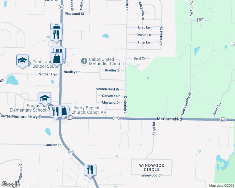 map of restaurants, bars, coffee shops, grocery stores, and more near 16 Corvette Drive in Cabot