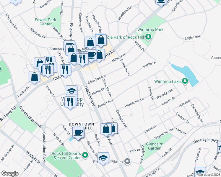 map of restaurants, bars, coffee shops, grocery stores, and more near 703 Myrtle Drive in Rock Hill
