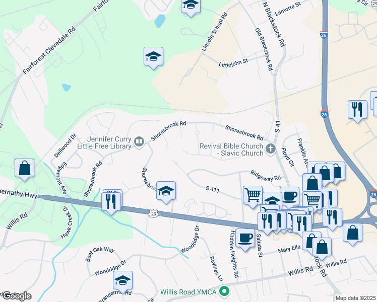 map of restaurants, bars, coffee shops, grocery stores, and more near 424 West Abington Way in Spartanburg