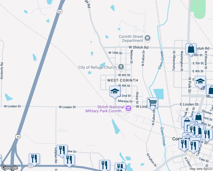 map of restaurants, bars, coffee shops, grocery stores, and more near 408 Lassiter Street in Corinth