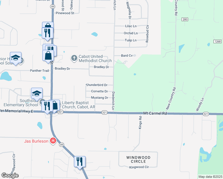 map of restaurants, bars, coffee shops, grocery stores, and more near 11 Thunderbird Drive in Cabot