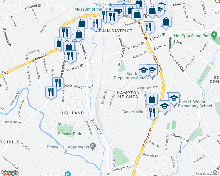 map of restaurants, bars, coffee shops, grocery stores, and more near 338 West Hampton Avenue in Spartanburg