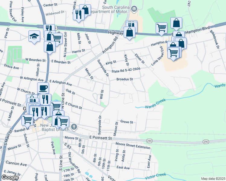 map of restaurants, bars, coffee shops, grocery stores, and more near 101 Prince Circle in Greer