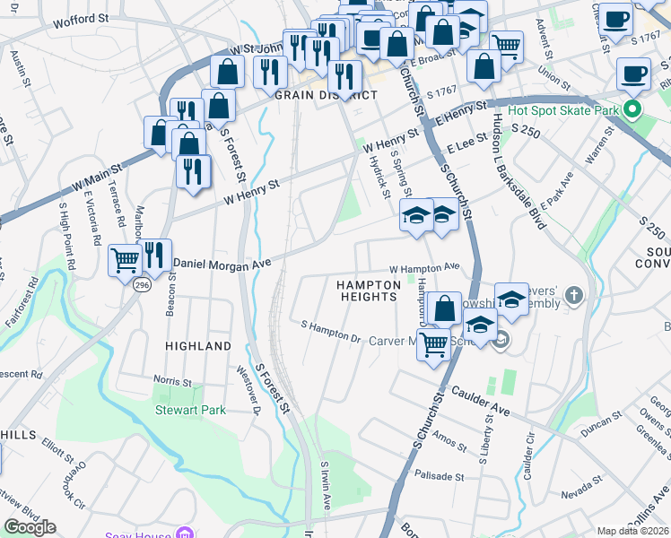 map of restaurants, bars, coffee shops, grocery stores, and more near 304 West Hampton Avenue in Spartanburg