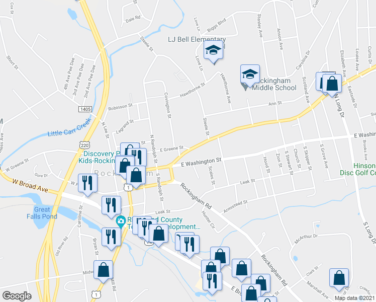 map of restaurants, bars, coffee shops, grocery stores, and more near 576 Fayetteville Road in Rockingham