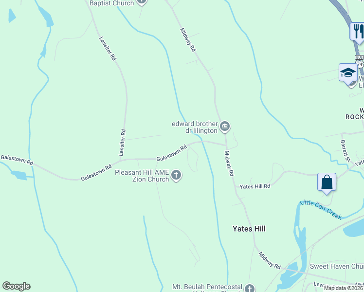 map of restaurants, bars, coffee shops, grocery stores, and more near 142 Galestown Road in Rockingham