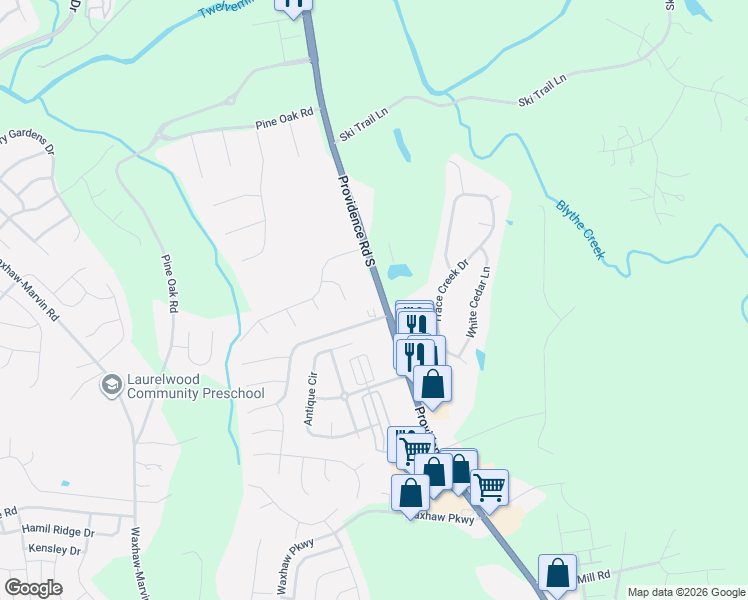 map of restaurants, bars, coffee shops, grocery stores, and more near 3822 Providence Road South in Marvin