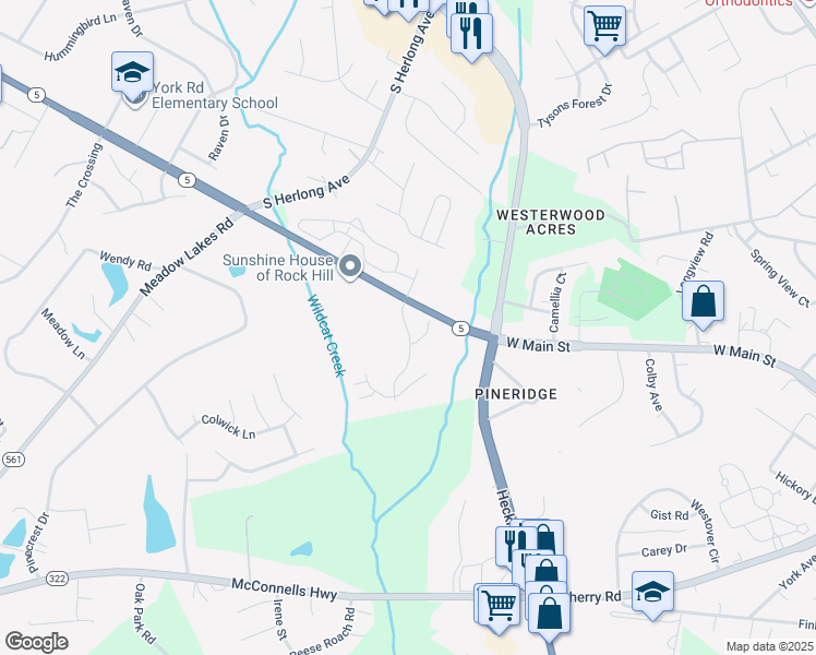 map of restaurants, bars, coffee shops, grocery stores, and more near 1825 West Main Street in Rock Hill