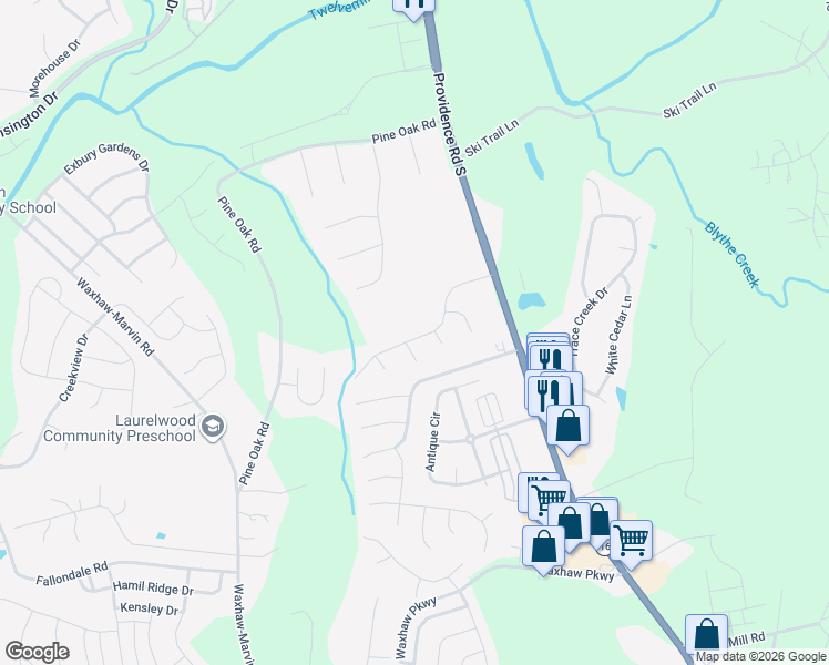 map of restaurants, bars, coffee shops, grocery stores, and more near 7906 Kingston Drive in Waxhaw