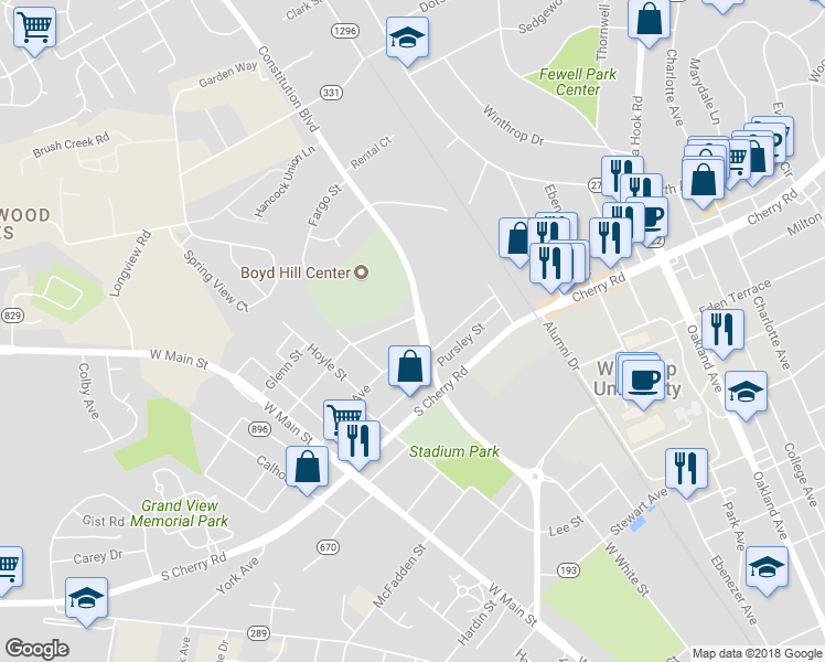map of restaurants, bars, coffee shops, grocery stores, and more near 1127 Constitution Boulevard in Rock Hill