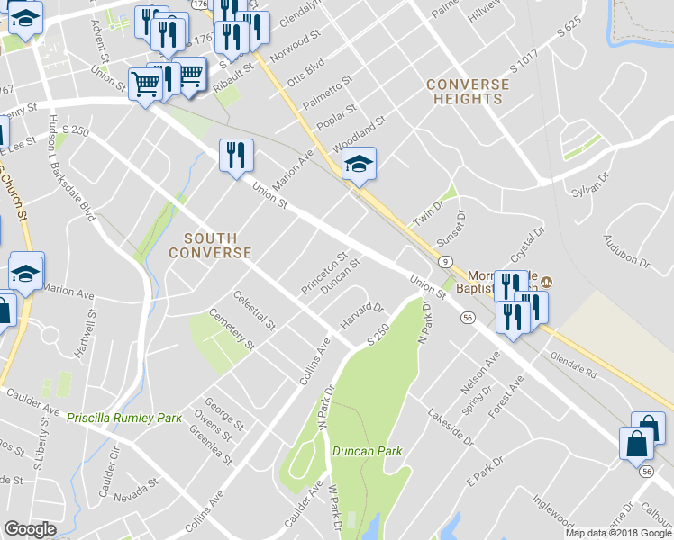 map of restaurants, bars, coffee shops, grocery stores, and more near 135 Princeton Street in Spartanburg