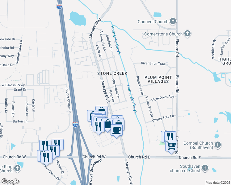 map of restaurants, bars, coffee shops, grocery stores, and more near 5509 Alexandria Lane in Southaven