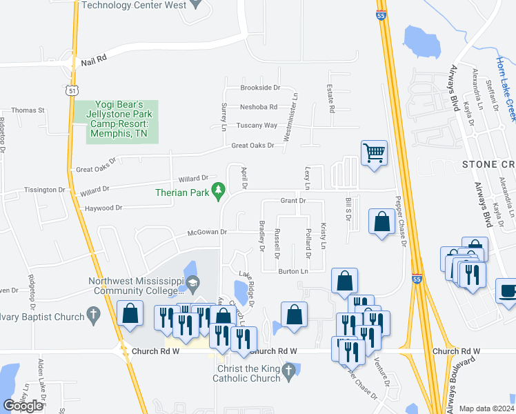 map of restaurants, bars, coffee shops, grocery stores, and more near 5505 Bradley Drive in Southaven