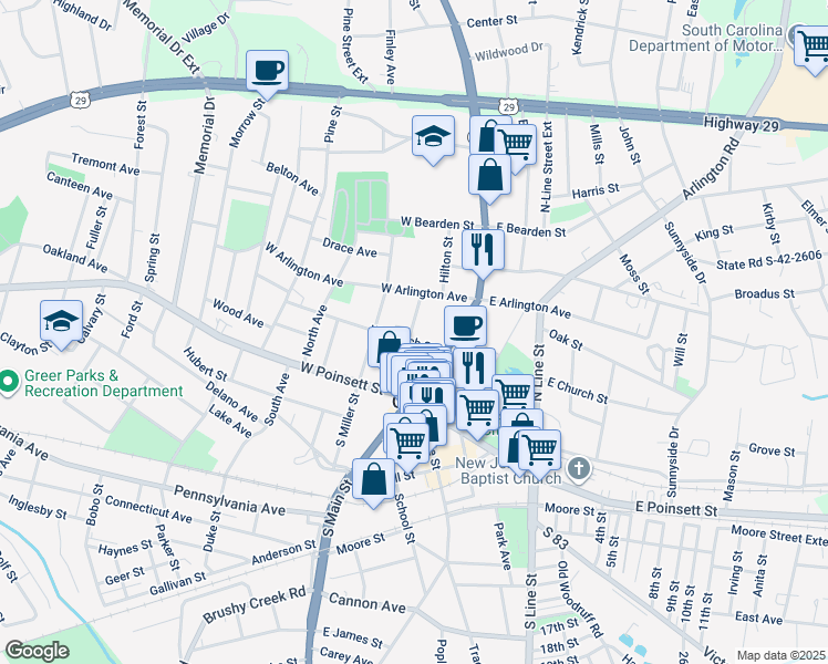 map of restaurants, bars, coffee shops, grocery stores, and more near 106 West Church Street in Greer