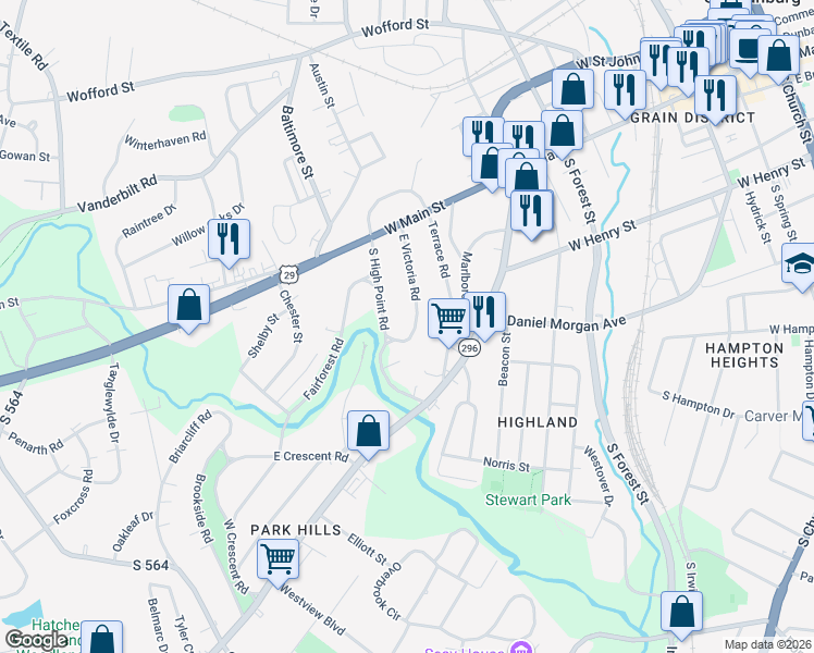 map of restaurants, bars, coffee shops, grocery stores, and more near 176 East Victoria Road in Spartanburg