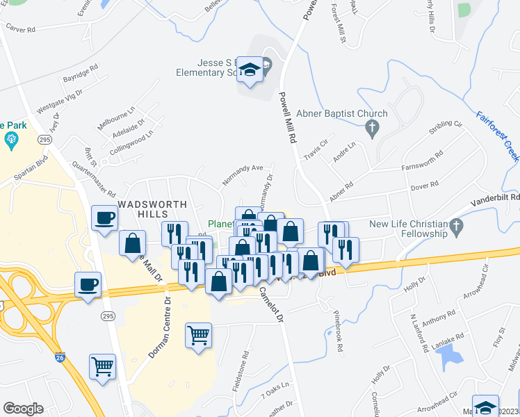 map of restaurants, bars, coffee shops, grocery stores, and more near 1446 Normandy Drive in Spartanburg