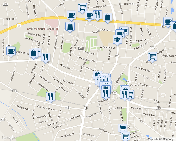 map of restaurants, bars, coffee shops, grocery stores, and more near 108 Davenport in Greer