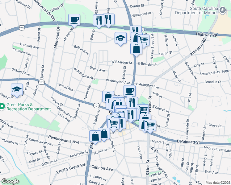 map of restaurants, bars, coffee shops, grocery stores, and more near 106 West Church Street in Greer