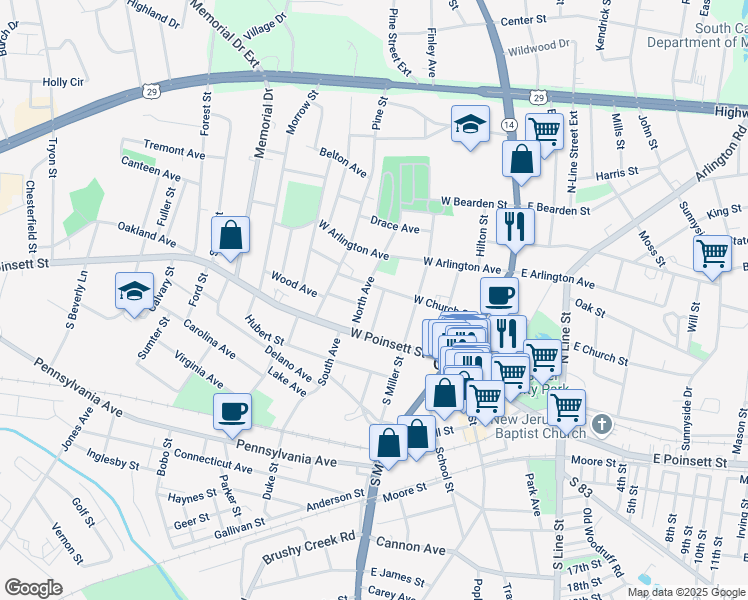 map of restaurants, bars, coffee shops, grocery stores, and more near 108 Davenport in Greer