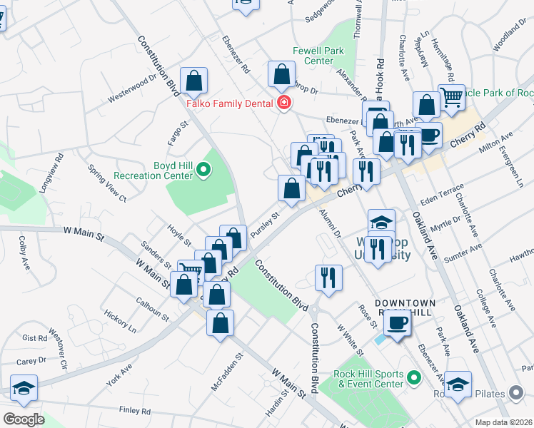 map of restaurants, bars, coffee shops, grocery stores, and more near 157 Bynum Avenue in Rock Hill