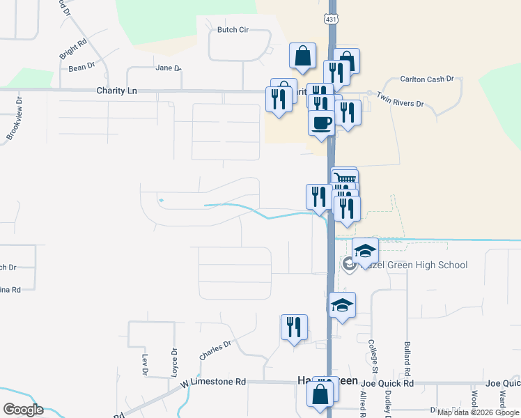 map of restaurants, bars, coffee shops, grocery stores, and more near Keller Drive in Hazel Green