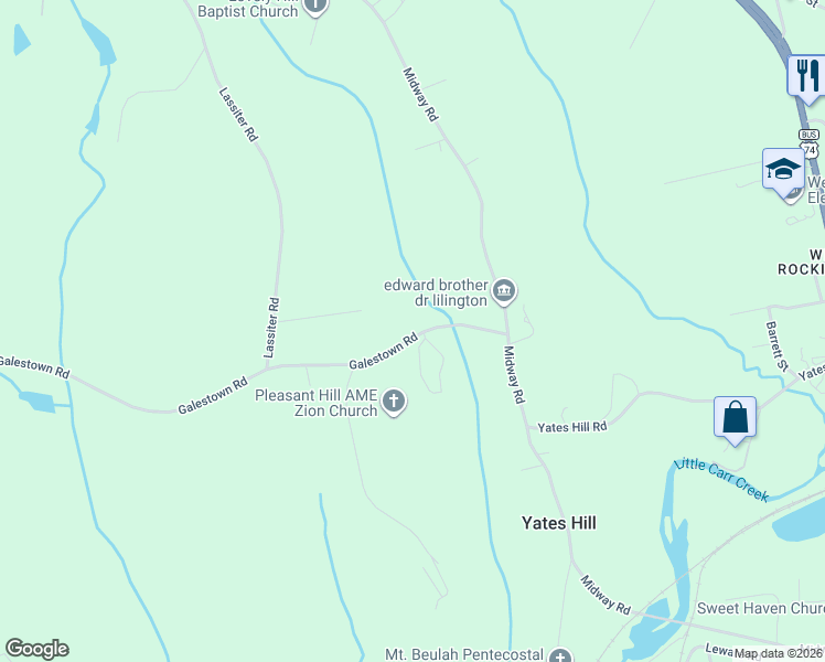 map of restaurants, bars, coffee shops, grocery stores, and more near 142 Galestown Road in Rockingham