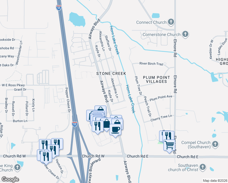 map of restaurants, bars, coffee shops, grocery stores, and more near 5509 Alexandria Lane in Southaven