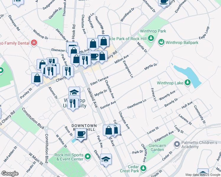 map of restaurants, bars, coffee shops, grocery stores, and more near 703 Myrtle Drive in Rock Hill