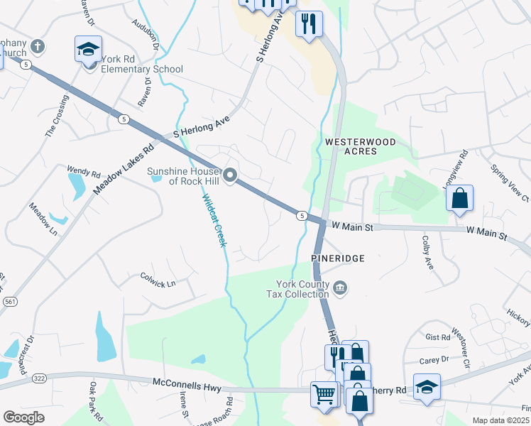 map of restaurants, bars, coffee shops, grocery stores, and more near 1825 West Main Street in Rock Hill