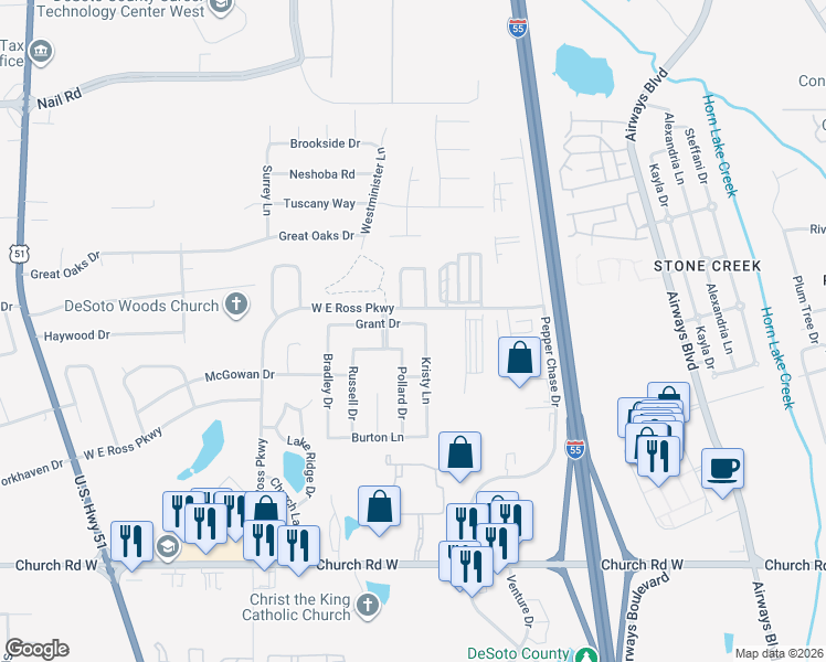 map of restaurants, bars, coffee shops, grocery stores, and more near 657 Grant Drive in Southaven